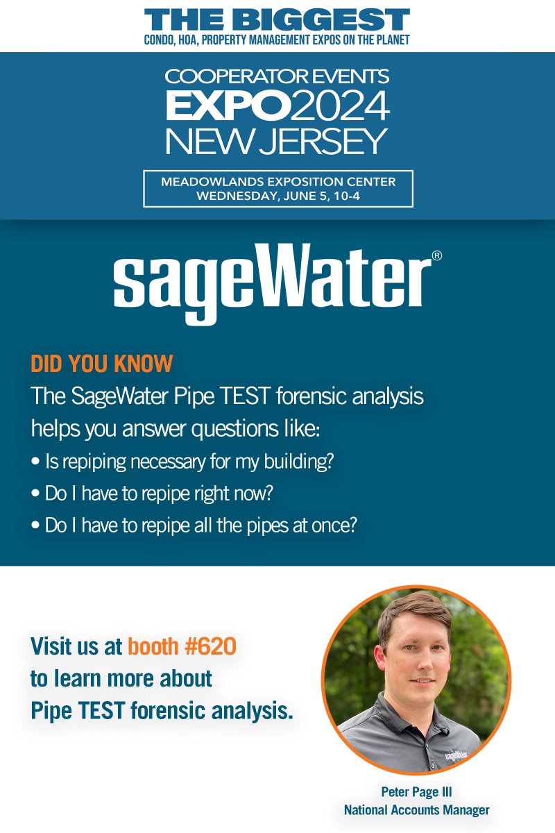 SageWater's tweet image. Come visit us! We’ll be at the NJ Cooperator Expo on Wednesday at booth #620. Learn about our Pipe TEST forensic analysis and other ways we can help you. #njcooperator #repipe #sagewater