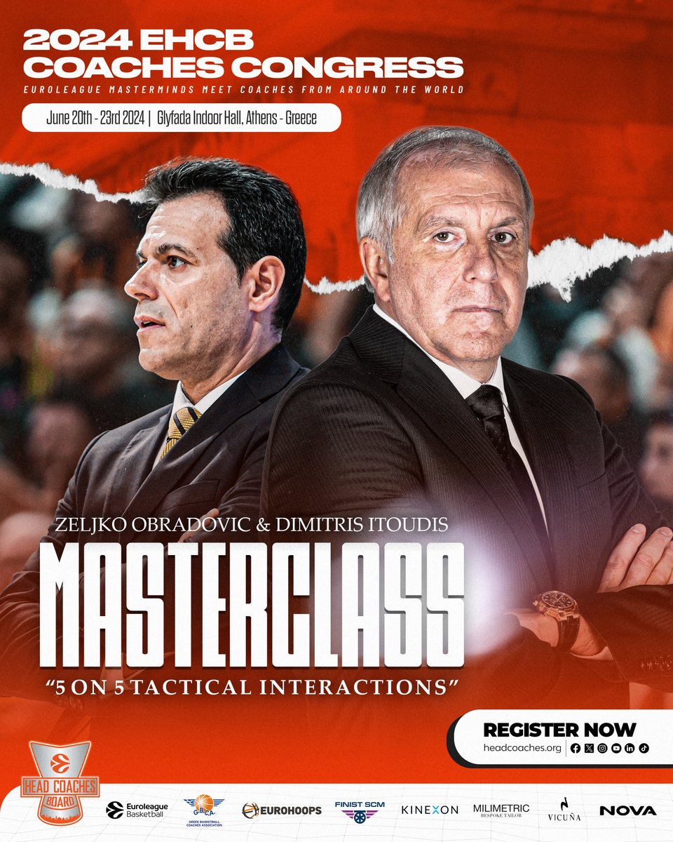 The ultimate coaching clinic challenge! Zeljko Obradovic vs Dimitris Itoudis face off in the EHCB Coaches Congress presenting offensive plays and defensive countermoves! Who will prevail? 🔽 Join in and see it live! headcoaches.org/ehcb-coaches-c…