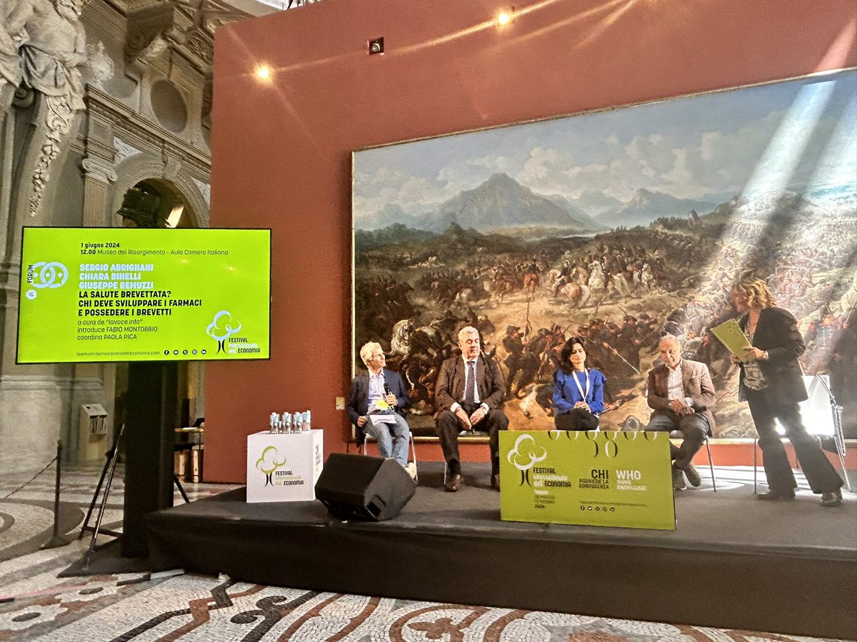 Al via il terzo evento al #FIE24 “La salute brevettata? Chi deve sviluppare i farmaci e possedere i brevetti” con introduzione di @fab_montobbio e coordinamento di @paolapica. Intervengono Sergio Abrignani, Chiara Binelli e Giuseppe Remuzzi

@festinteconomia @editorilaterza