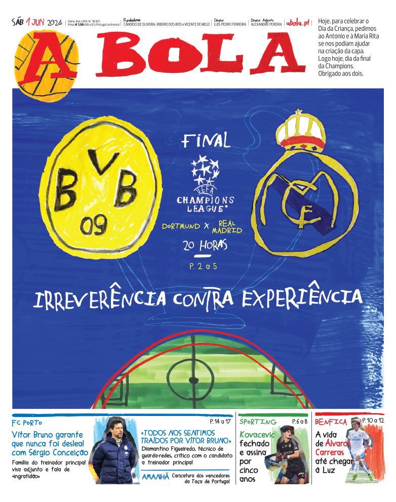 ProximaJornada1's tweet photo. 🗞️ | A Bola celebrated Children’s Day (Dia das Crianças) with today’s front page cover designed by children.

✏️ 👏 https://t.co/dIF9V07hQu