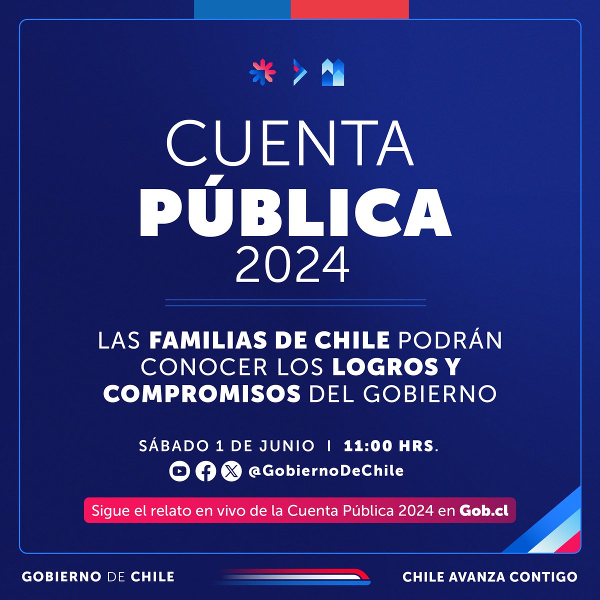 Hoy, desde las 11 h, el Presidente @GabrielBoric realizará la #CuentaPública2024, entregando detalles sobre los avances y compromisos de nuestro Gobierno. ✅ Síguela en las cuentas de YouTube, Facebook y X del Gobierno de Chile