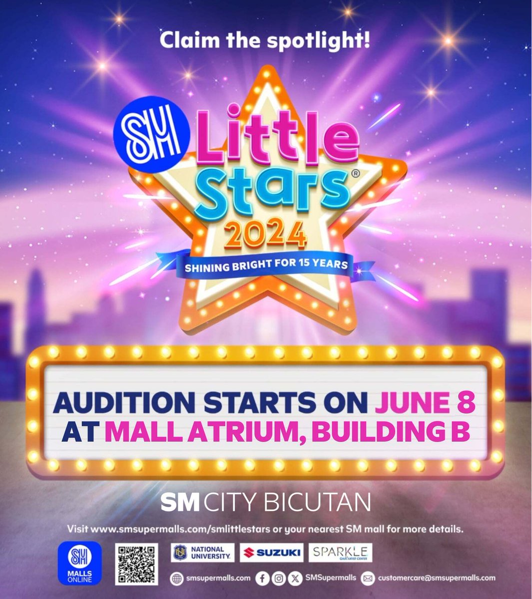 #SuperKid, are you ready for a bigger stage?

It’s your ‘Little Stars’ time to shine because SM Little Stars is finally back! Get a chance to win over ₱15M worth of prizes!

Open to kids ages 4-7 yrs old. Auditions are on June 8 and June 22, 2024

#SMLittleStars2024
