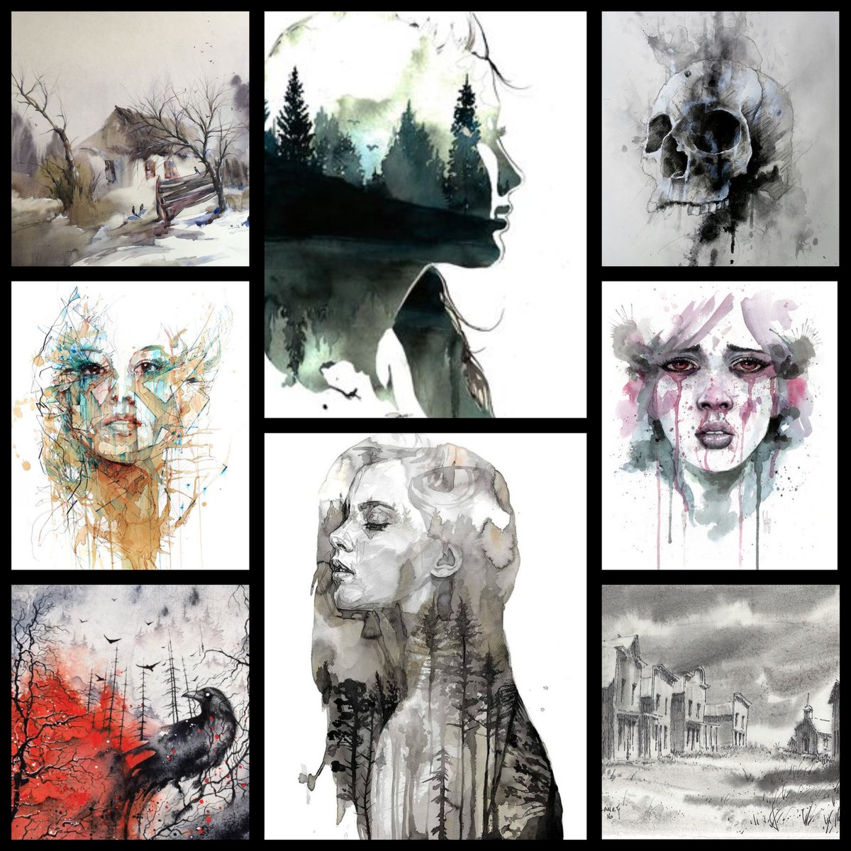 #FantasyIndiesMaytober 30

I've been collecting samples of watercolor dark aesthetic to make my book cover format. These works below are not of mine. Just a modboard for inspiration. 

Hosts;@LydiaVRussell @ChesneyInfalt