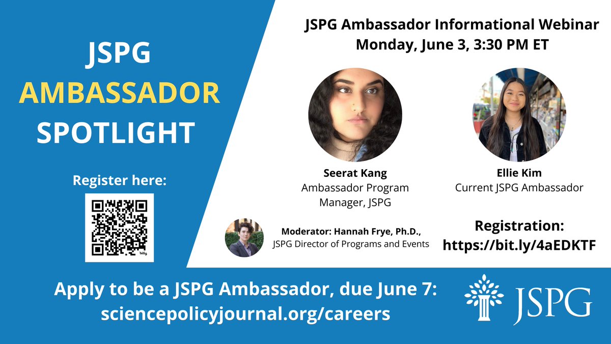 Are you interested in #scipol, #scicomm, and #professionaldevelopment for trainees? JSPG is accepting applications for the next cohort of ambassadors!

Join our informational webinar on June 3 at 3:30 PM ET to learn more about the program!

Register here: bit.ly/4aEDKTF