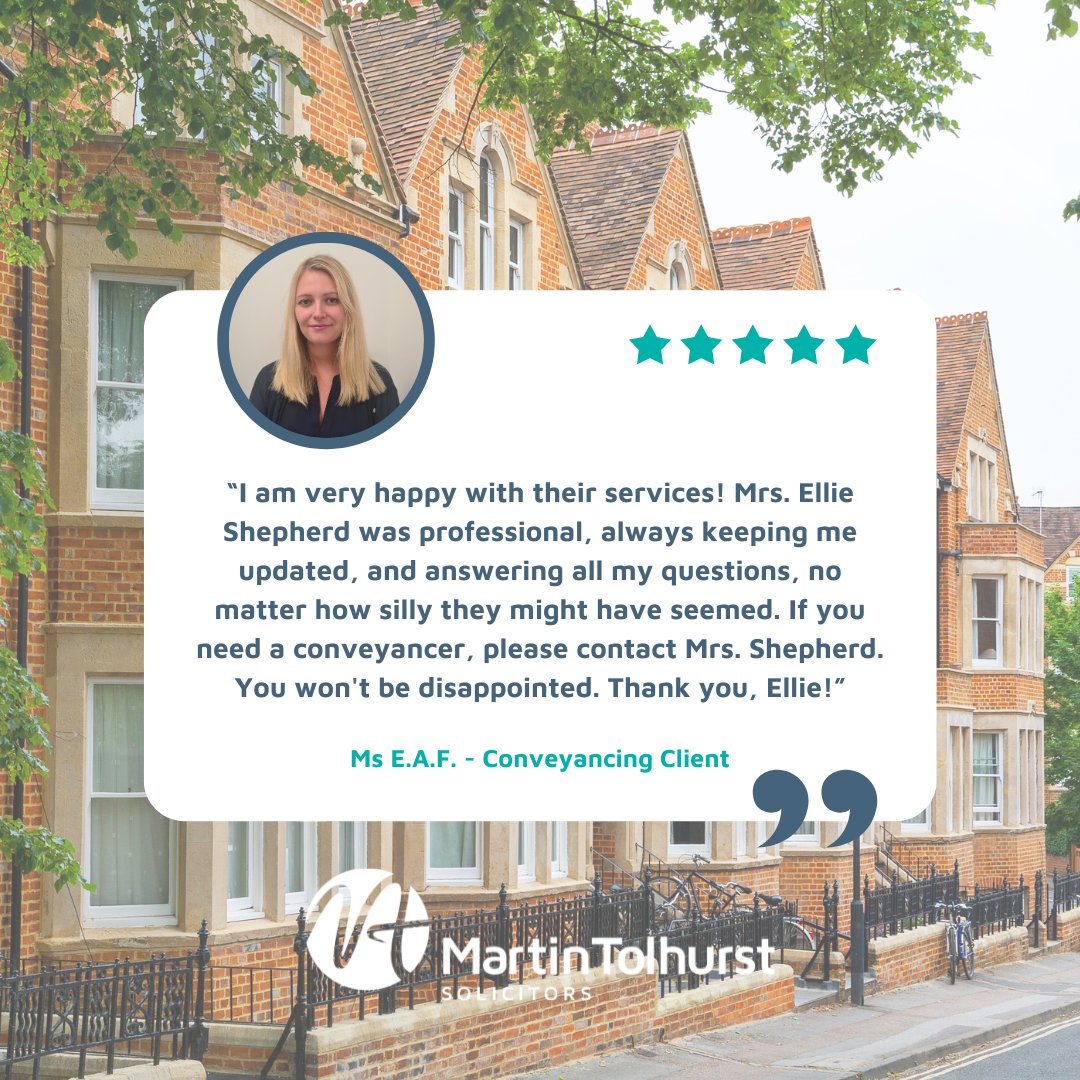 We're thrilled to hear that Ellie Shepherd made the #conveyancing process smooth and #stressfree for our client. Her professionalism, clear communication, and attentiveness to questions (no matter how big or small!) are exactly what we strive for at #MartinTolhurstSolicitors!