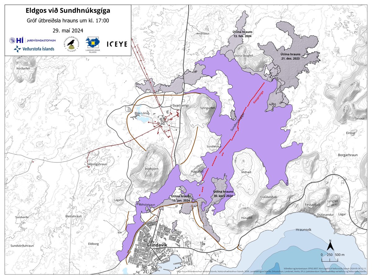#Iceland 
IMO Update:  GPS data show that the land in #Svartsengi softened by 15 cm when the magma ran from there. Possible gas pollution in the South today and in the capital area in the afternoon and tomorrow. Lava flow is now greatest around Hagafell.
vedur.is/um-vi/frettir/…