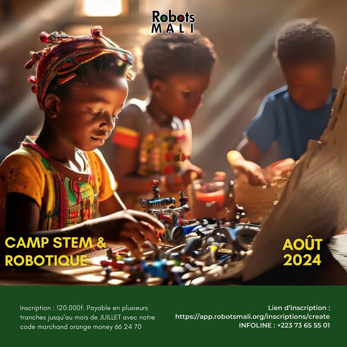 ROBOTSMALI1's tweet image. Les inscriptions au camp STEM et robotique continuent toujours. Futurs champions !! 🤩

Lien d&apos;inscription:

app.robotsmali.org/inscriptions/c…
INFOLINE : +223 73 65 55 01

#robotique  #robotsmali 🇲🇱