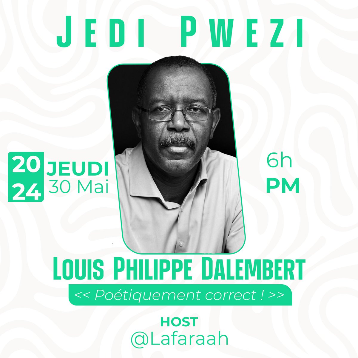 An pasan, ap gen @JediPwezi pita! Ochan ak omaj pou Louis Philippe Dalembert (Pri Goncourt Pwezi ane sa a) 🙌🏾 N ap tann tout moun alawonnbadè! M espere nou pral pase yon bèl moman ansanm. Randevou 6è boul. Se toujou @LaFaarah k ap host! Si m te ou m pa t ap rate l 🤭😄