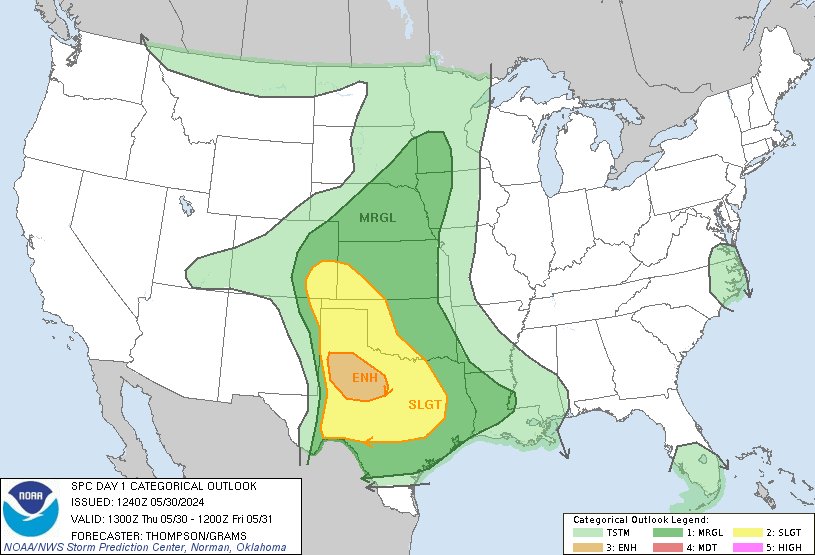 7:42am CDT #SPC Day1 Outlook Enhanced Risk: this afternoon into early tonight for the TX South Plains and Big Country spc.noaa.gov/products/outlo…