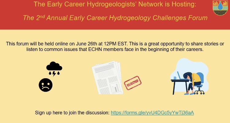 ECHN of IAH Canada (@iah_echn_canada) on Twitter photo We are hosting our 2nd Annual Early Career Hydrogeology Challenges Forum on June 26th! If you want to join the conversation and discuss challenges you’ve faced in your early career, sign up here: docs.google.com/forms/d/e/1FAI… We are hosting our 2nd Annual Early Career Hydrogeology Challenges Forum on June 26th! If you want to join the conversation and discuss challenges you’ve faced in your early career, sign up here: docs.google.com/forms/d/e/1FAI…