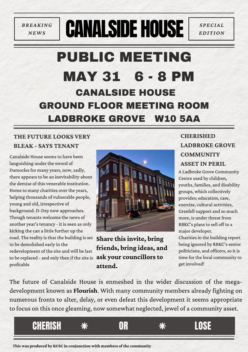 Hey North Kenners - meeting tomorrow 6-8pm to discuss the future of Canalside House.

Decisions are being made behind closed doors ... be there!