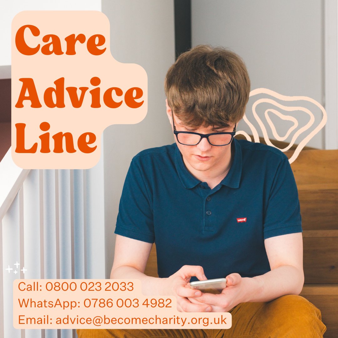 🗣️ Did you know about our free Care Advice Line? 

📲 Let #CareExperienced young people you support know they can call, WhatsApp or email our Care Advice Line team for free for help, support, advice, guidance & more.

⬇️ For more information, go to: becomecharity.org.uk/get-support/ca…