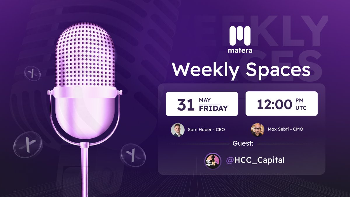 HCC_Capital's tweet photo. Join us on the @MateraClub spaces tomorrow 🎙️

When: May 31, 12pm UTC
Where: @MateraClub
Speakers: @SamHuber - CEO, Max Sebti - CMO
Guests: @HCC_Capital

Learn more about Matera 🔥