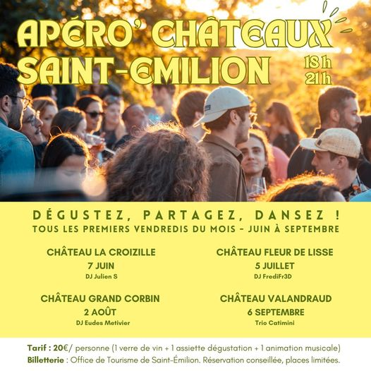 APÉRO'CHÂTEAUX : UNE EXPÉRIENCE INOUBLIABLE À SAINT-ÉMILION 

Dégustez, Partagez, Dansez !

🪩 Tous les premiers vendredis de juin à septembre, laissez-vous envoûter par l'ambiance festive de ces soirées inoubliables, rythmées par les meilleurs DJs du moment !