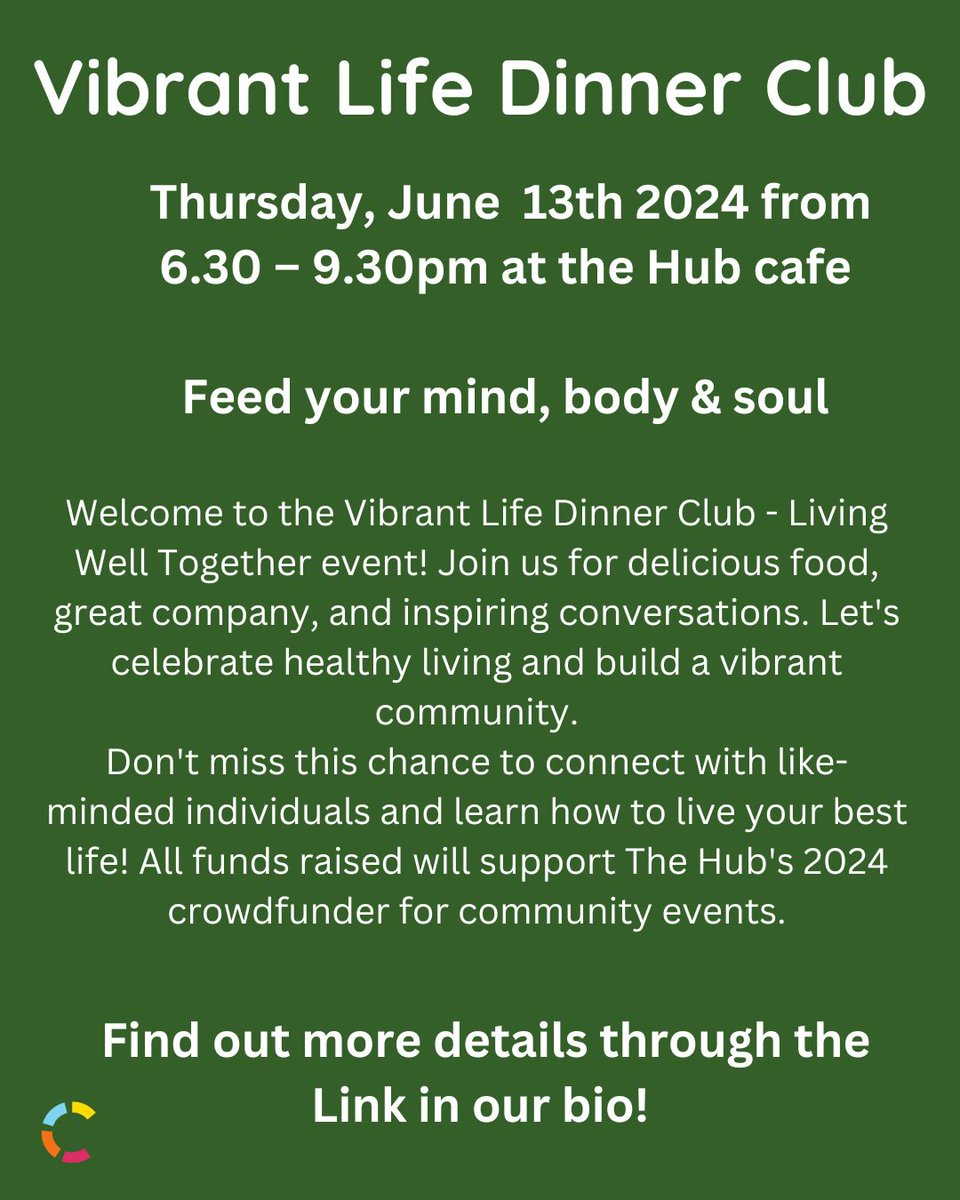 Vibrant Life Dinner club, THURSDAY JUNE 13th 2024 from 6.30 – 9.30pm at the Hub cafe – feed your mind, body &amp; soul 

Follow the link in our bio "Vibrant Life Dinner Club" for more details.