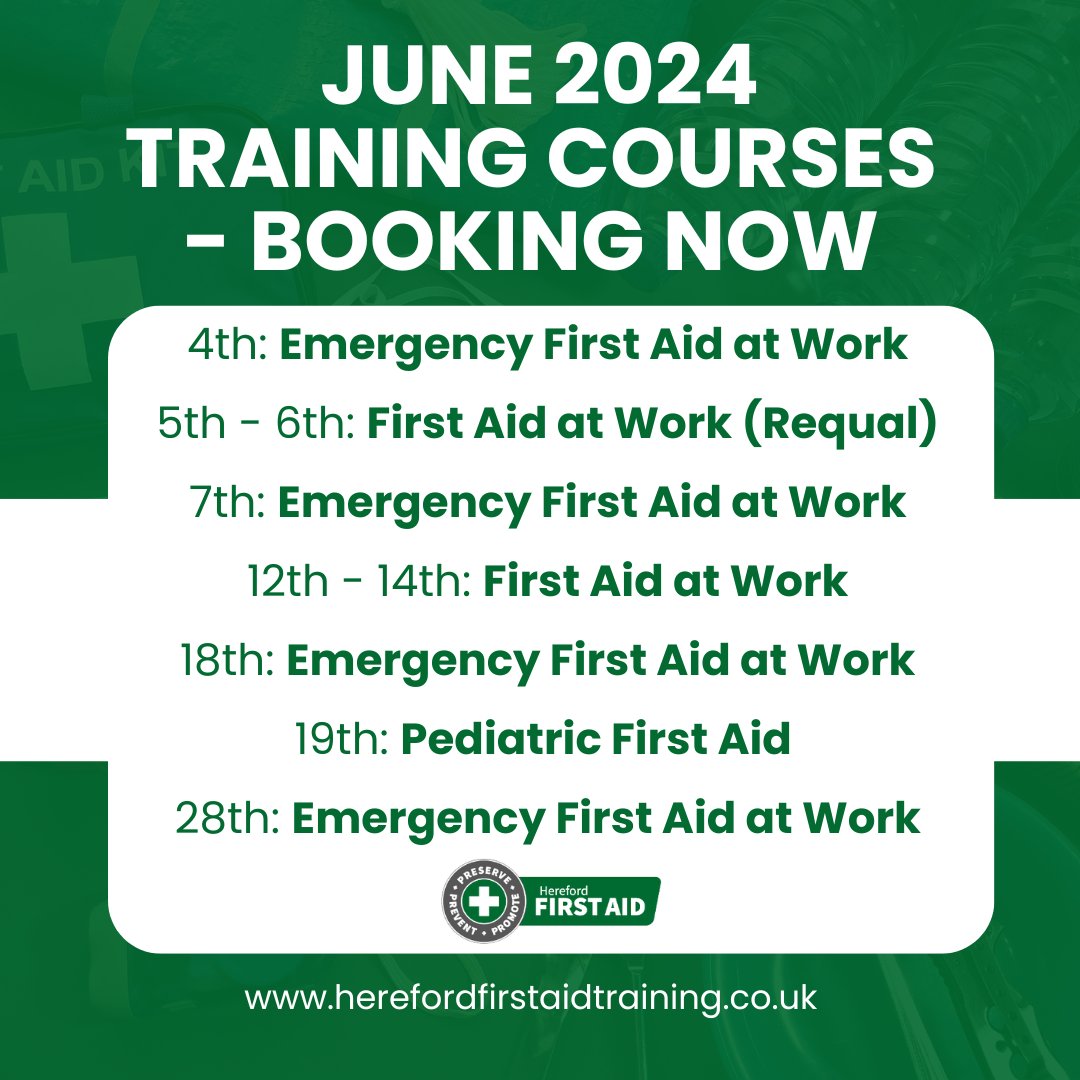 June 2024 Training dates are now available to book. To get yourself on one of these #HFA courses, just visit our website or give us a call.
herefordfirstaidtraining.co.uk 
#MayTraining #FirstAidTraining