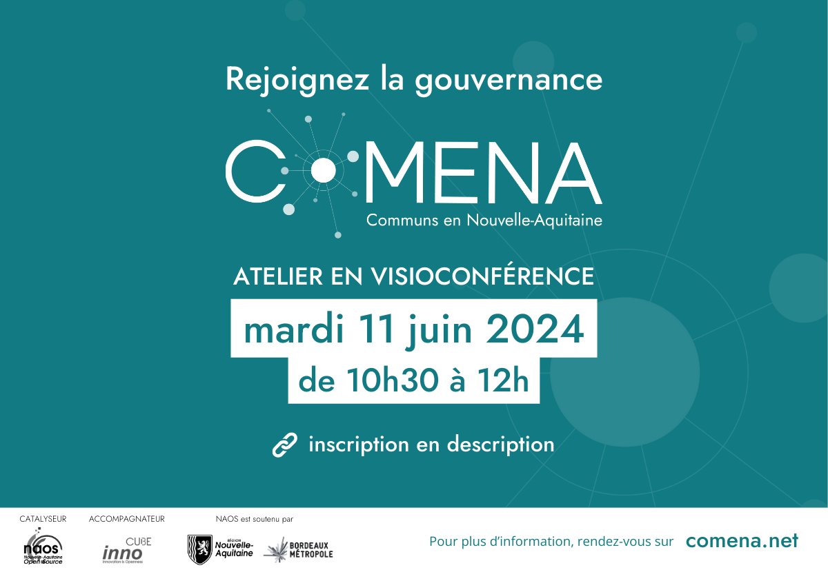 naos_cluster's tweet photo. 📢 Rejoignez la gouvernance #COMENA !
Nous organisons un premier atelier communautaire pour construire la gouvernance partagée du projet 🤝
RDV en visioconférence :
🗓 mardi 11 juin 2024
⏰ 10h30-12h
🔗 Inscriptions : https://t.co/9qbbSpE3Is https://t.co/E9MrzjYbiy