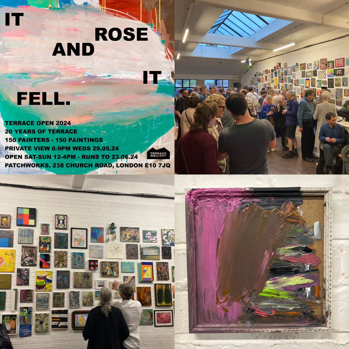 Great opening of ‘It Rose And It Fell’ Terrace Open 2024 last night, with a lovely and large crowd and an epic wall of paintings. Thanks <a href="/PatchworksXyz/">Patchworks Leyton</a> and big thanks to @Lark_2006