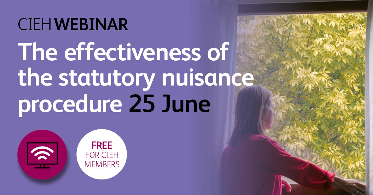 On 25 June, researcher in Environmental Health law, Tim Everett is leading a one-hour webinar on the effectiveness of the statutory nuisance procedure. Free for CIEH members! Reserve a spot: cieh.org/events/2024/ju… #CIEHEvents #Webinar #StatutoryNuisance #EnvironmentalHealth