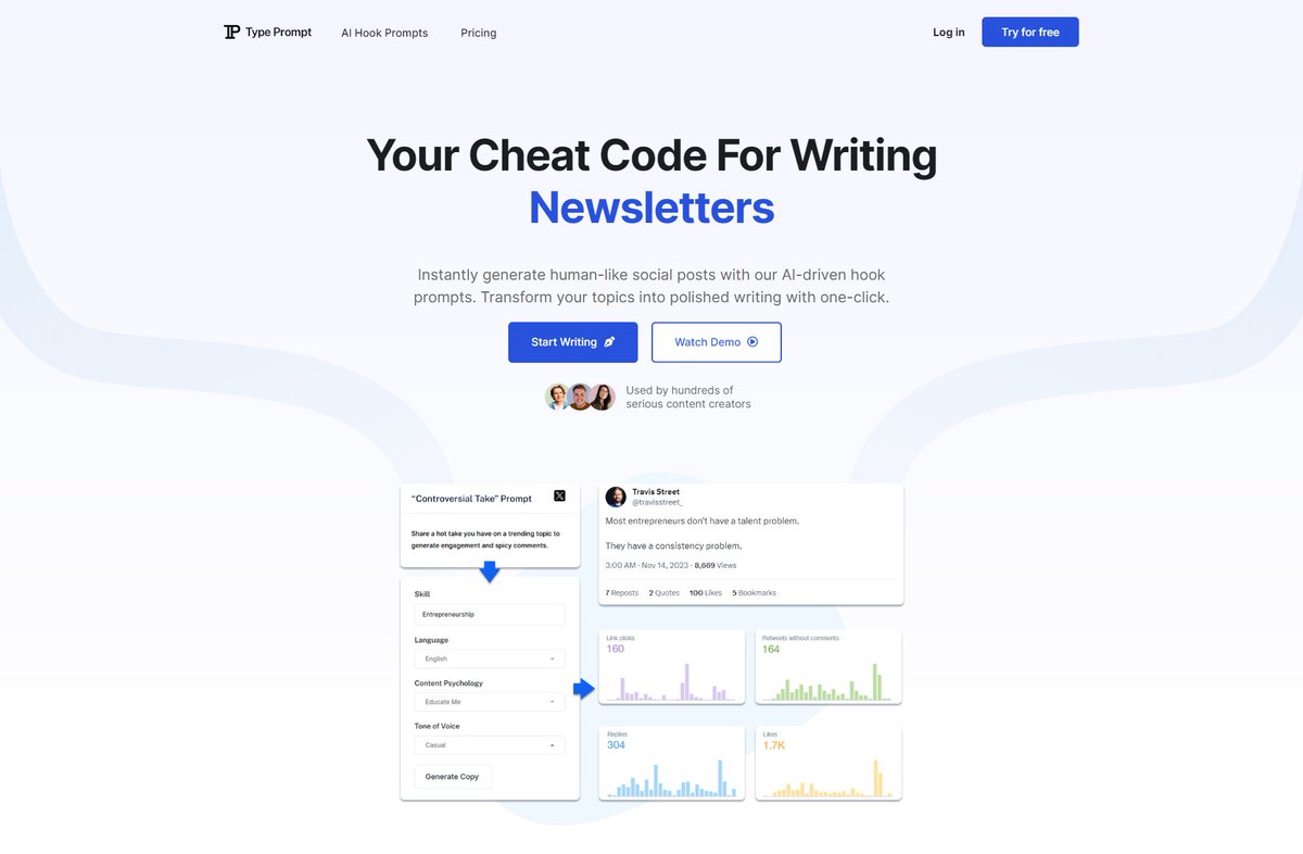Side project showcase - check out Type Prompt - Create Engaging Content With Viral Hook Templates - sideprojectors.com/project/42892?… @sideprojectors #sideproject #makers #entrepreneur #type-prompt