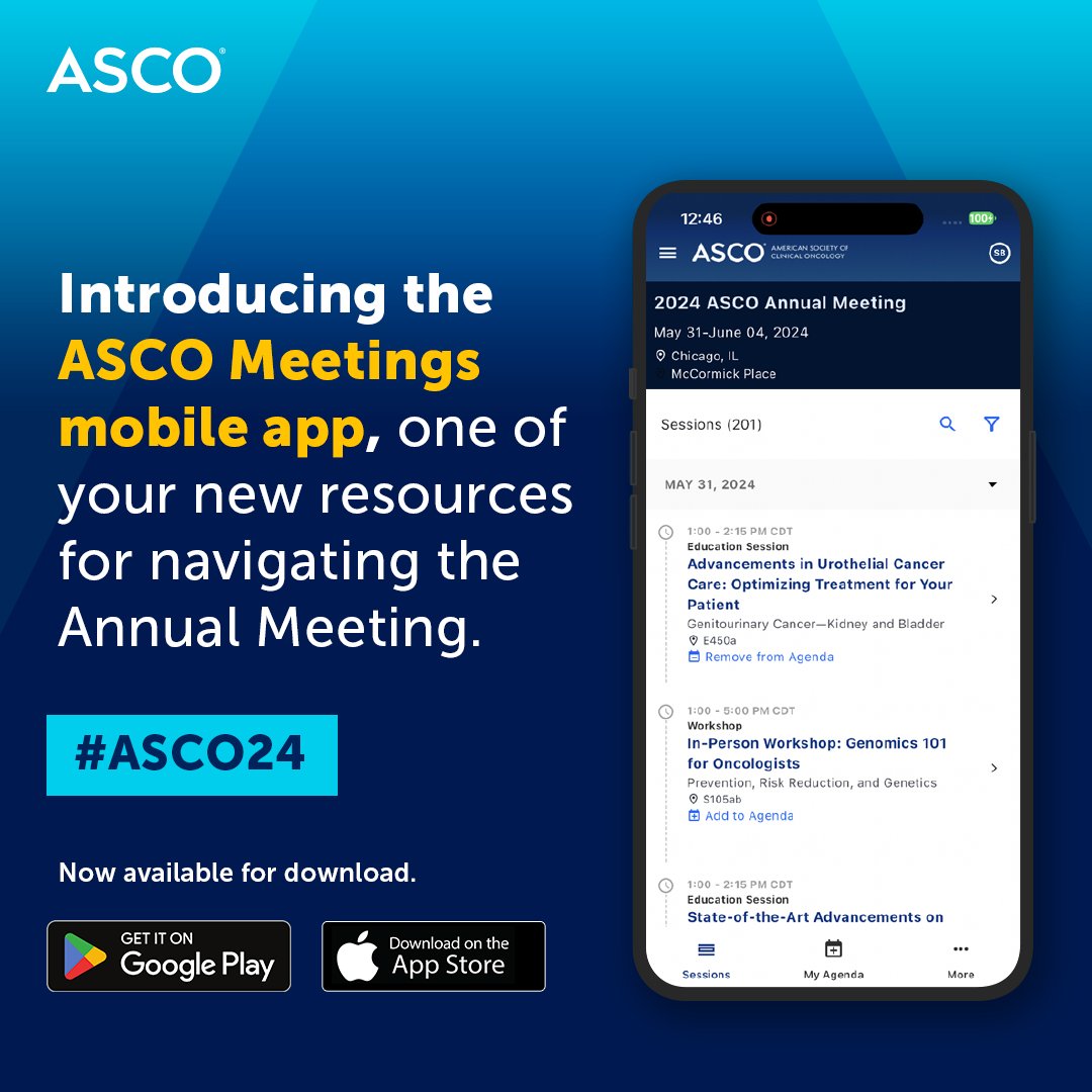 Enhance your #ASCO24 experience with the new ASCO Meetings mobile app! Craft your customized agenda, add sessions to your personal calendar, easily access meeting resources, and more. Available for download on Google Play and the App Store.