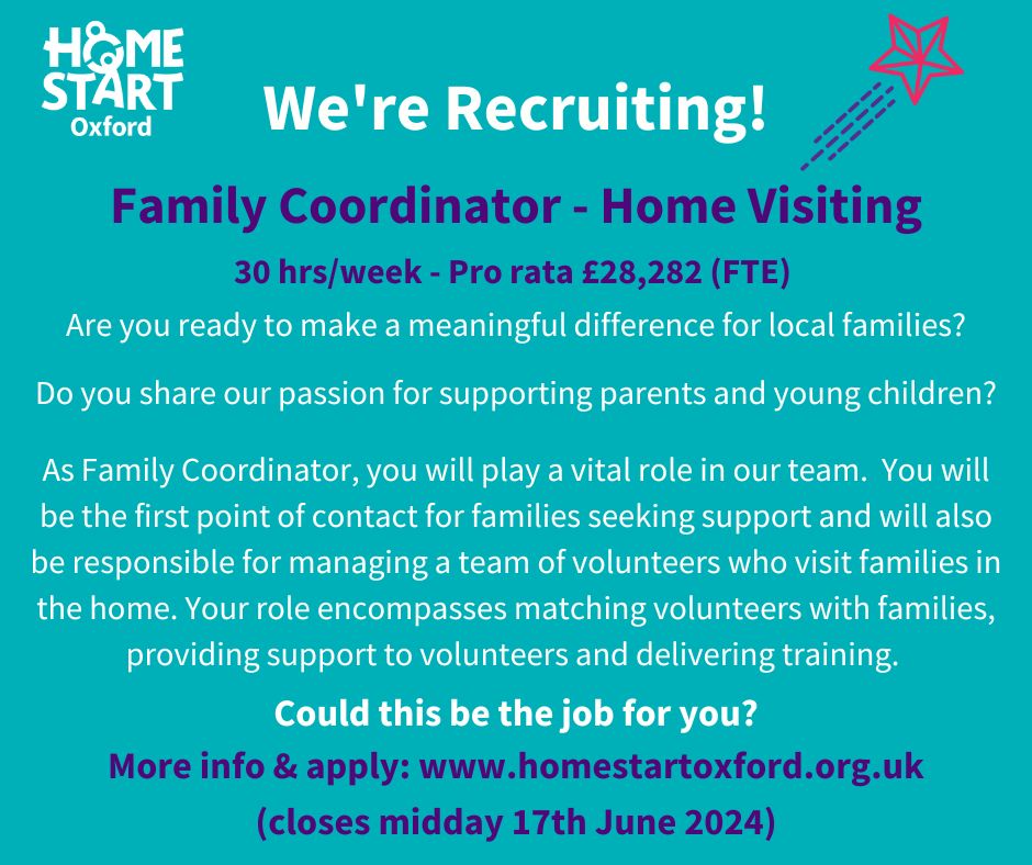 We're recruiting!  We're looking for 2 amazing Family Coordinators - one for our Growing Minds project and another to join our home-visiting team.  Please spread the word!  All the details can be found here: buff.ly/3vdnioH 
#Jobs #CharityJobs #OxfordJobs #Recruiting