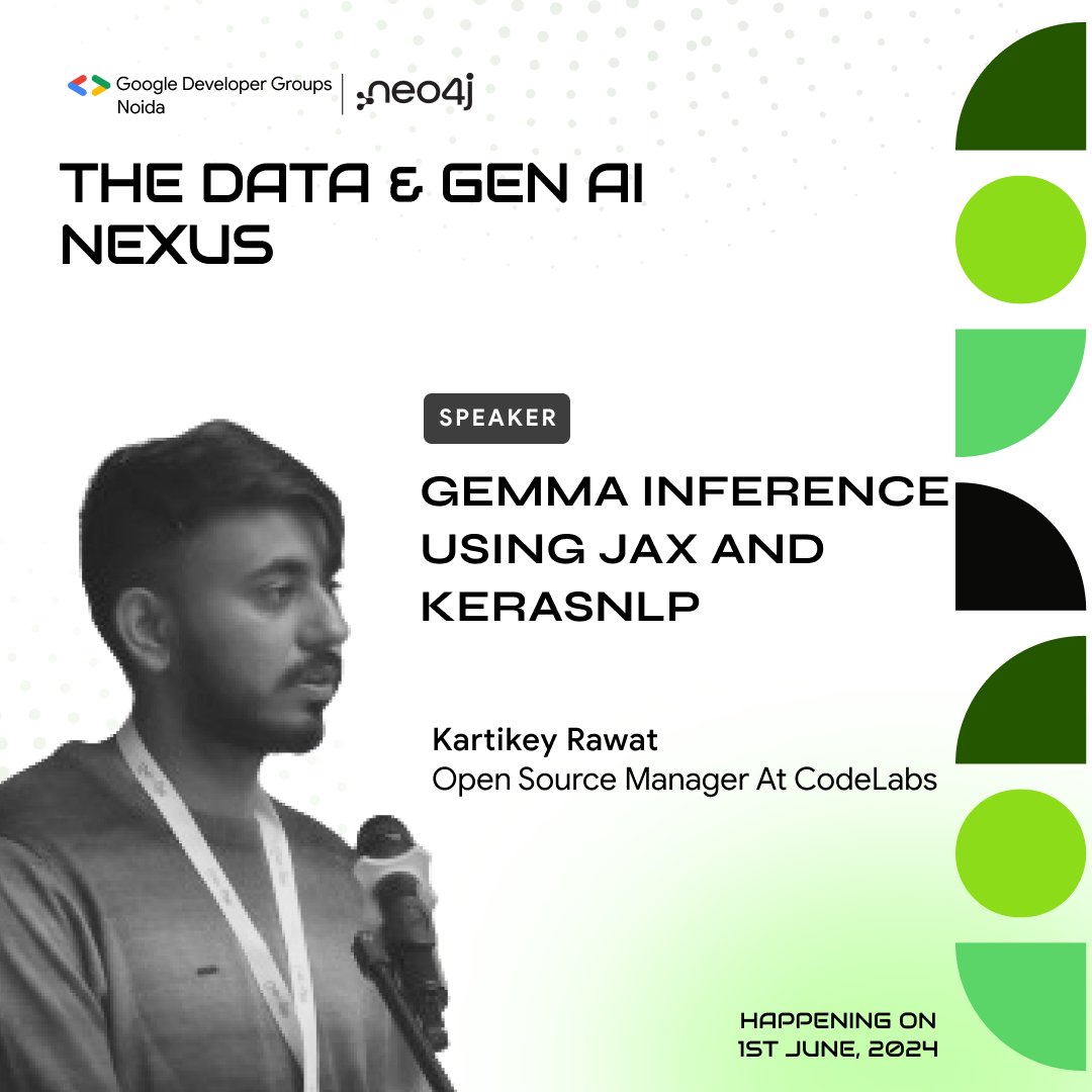 gdg_noida's tweet photo. Join us on June 1st for the Data and Gen AI Nexus event by GDG Noida! Kartikey Rawat, Open Source Manager at Codelabs, will be delivering an in-depth talk on "GEMMA Inference using JAX and KERASNLP." 
#GDGNoida #AI #OpenSource #JAX #KERASNLP https://t.co/PTHWA4dMLR