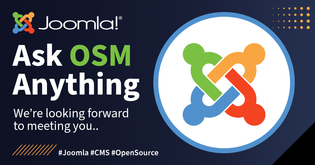 joomla's tweet photo. Ask OSM Anything! Saturday 1st June 2024, First Call 08:00 UTC, Second Call 17:00 UTC. Chat with at least one OSM board member or just hang out. Join Mattermost for the link. 
https://t.co/EaYCQNsEv3
#Joomla #CMS #OpenSourceMatters #AskOSM https://t.co/CLIPYzNi7A