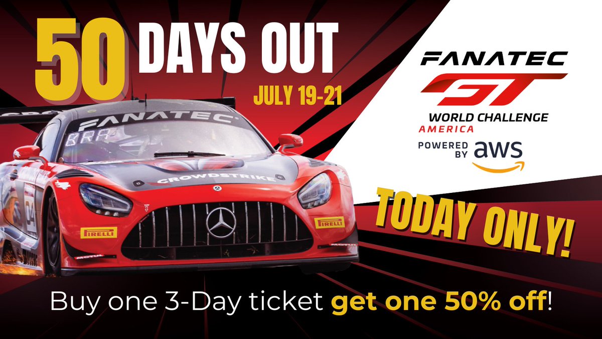 We're officially 50 days out from the #GTVIR race weekend and we've got a special deal just for you! For today only, when you buy one 3-Day Ticket, you'll get the second one for 50% off! 🎟️: ow.ly/rCRC50S15E1 @gtworldcham / @gt_america_
