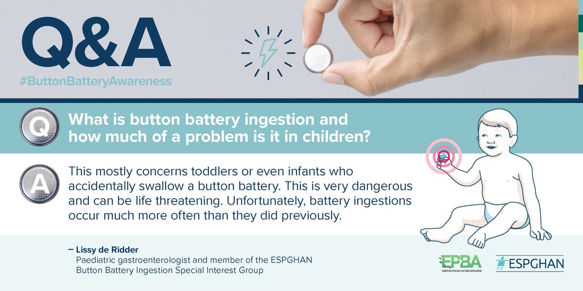 ESPGHANSociety's tweet image. International #ButtonBatteryAwarenessDay is coming up on 12th June! 📅

It’s time to talk about the dangers of #ButtonBatteryIngestion in children. But how big is the problem? @LissydeRidder tells us more  🔽

#ChildSafety #NeverAgain 🩺⚠️