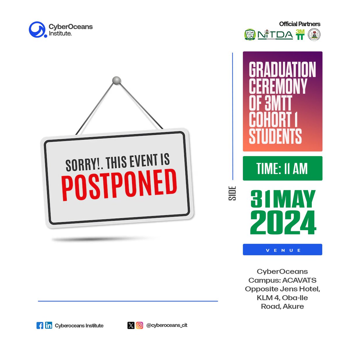 CyberOceans_CIT's tweet photo. We regret to inform you that the unveiling of CyberOceans, originally scheduled for May 31, 2024, has been postponed due to administrative and legal issues on our partner's side. We will communicate the new date as soon as these issues are resolved.
1/2 https://t.co/3lg1G7VGf7