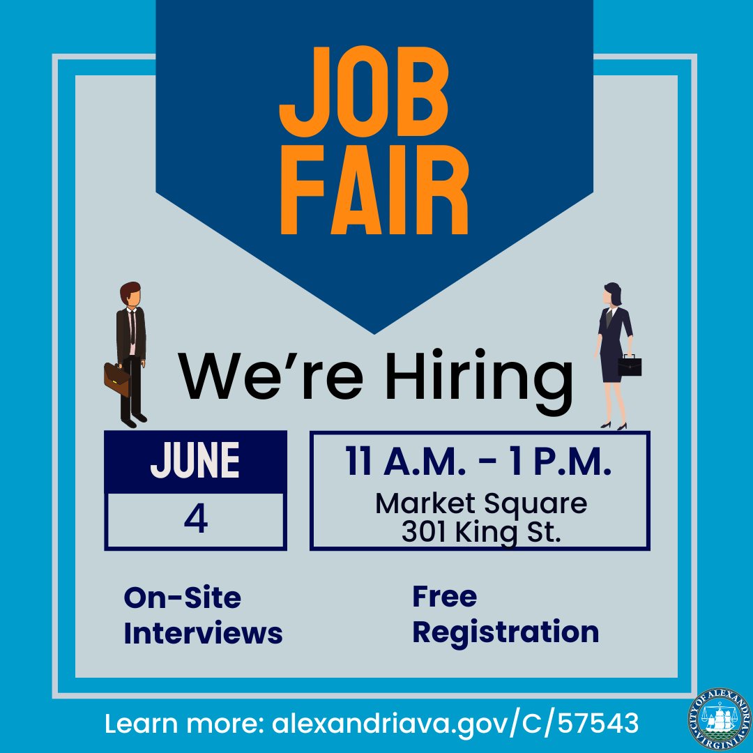 #ICYMI: We are hosting a job fair on Tuesday, June 4, at Market Square (301 King St.) from 11 a.m. to 1 p.m. This is the place to be if you're searching for a new career or looking to expand your current one.

Learn more and register: alexandriava.gov/C/57543