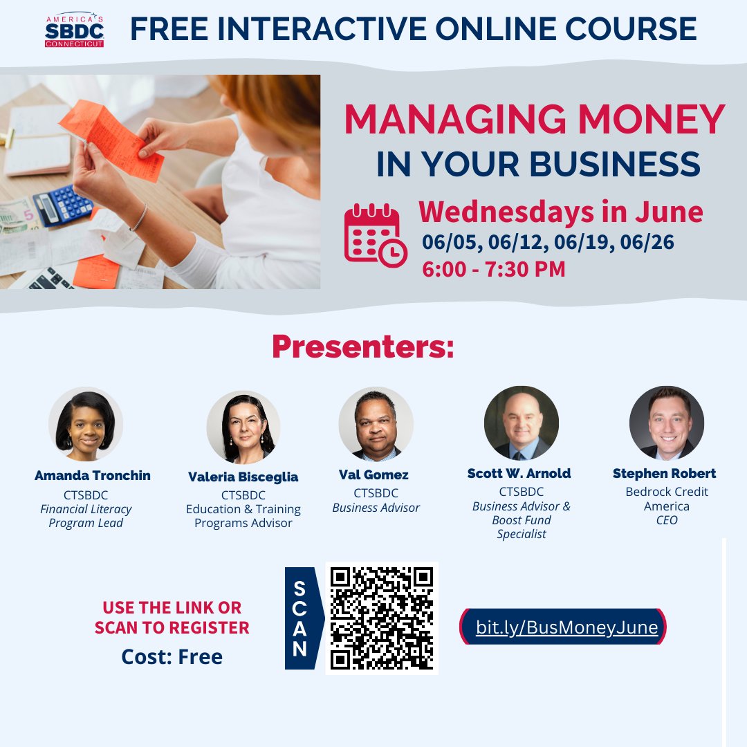 Join @CTSBDC 's JUNE Cohort 'Managing Money in Your Business' for #Connecticut #SmallBusinesses
Free, virtual sessions start JUNE 5!

Register by June 5, 8AM ET: ctsbdc.uconn.edu/news_events/ma…?

Email angela.rodriguez@uconn.edu for inquiries. 

#CTSBDC #BusinessFinance #Entrepreneurship