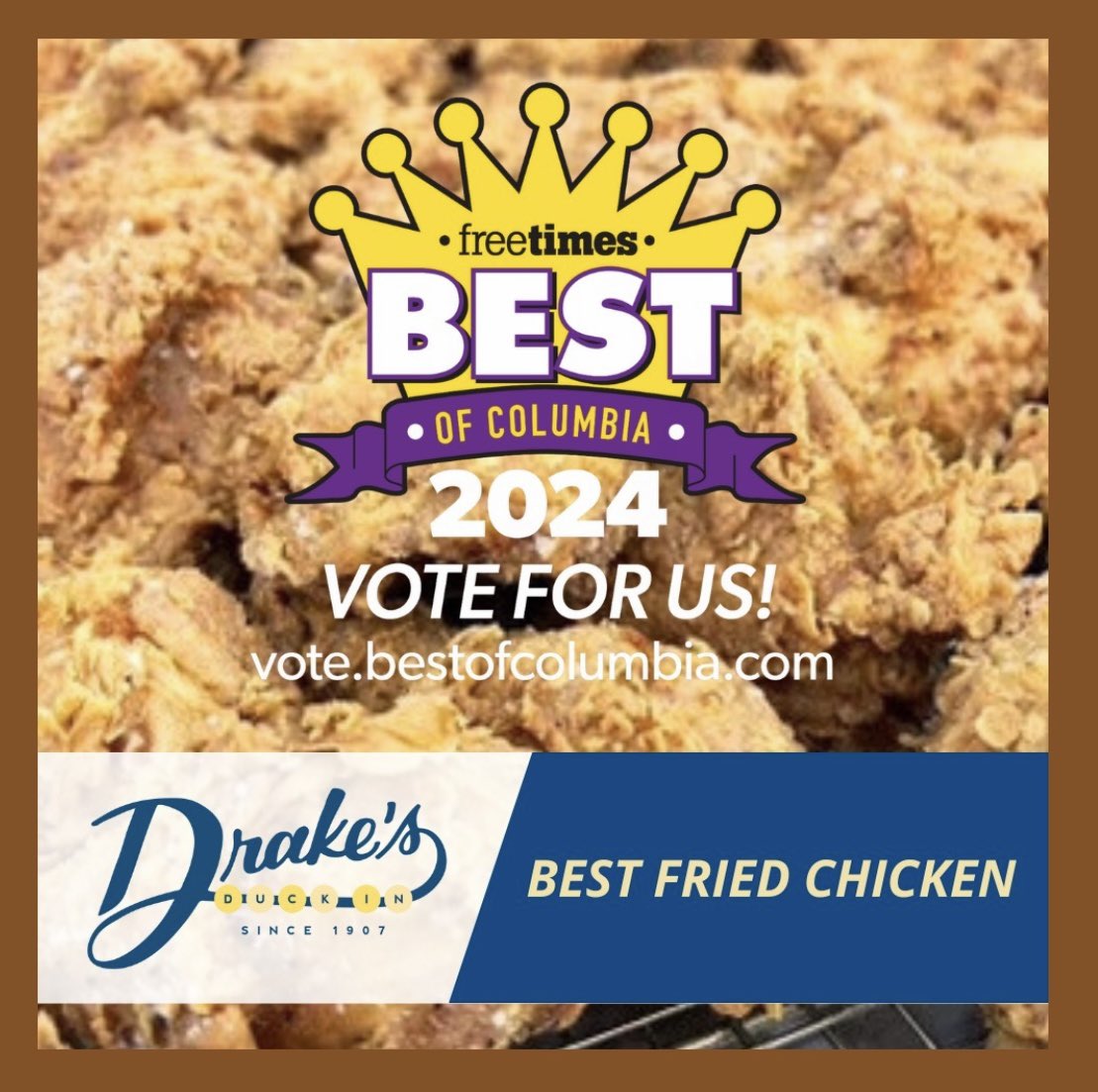 We are honored to be nominated for the Free Times’ Best of Columbia! Please vote Drake's Duck-In for Best Fried Chicken. 

Link to vote below👇
freetimes.secondstreetapp.com/Best-of-Columb…
