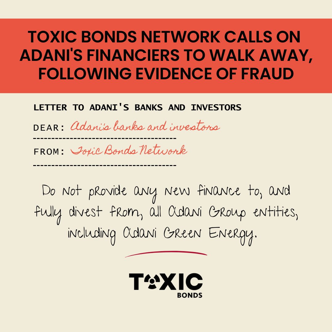 In response to @AdaniGreen's fraud and lies, we have sent letters to investors and banks calling on them to immediately drop Adani.

If @SnowCapResearch, @HindenburgRes, @OCCRP can spot the risks in Adani, why can't banks & investors?

toxicbonds.org/toxic-bonds-ne…