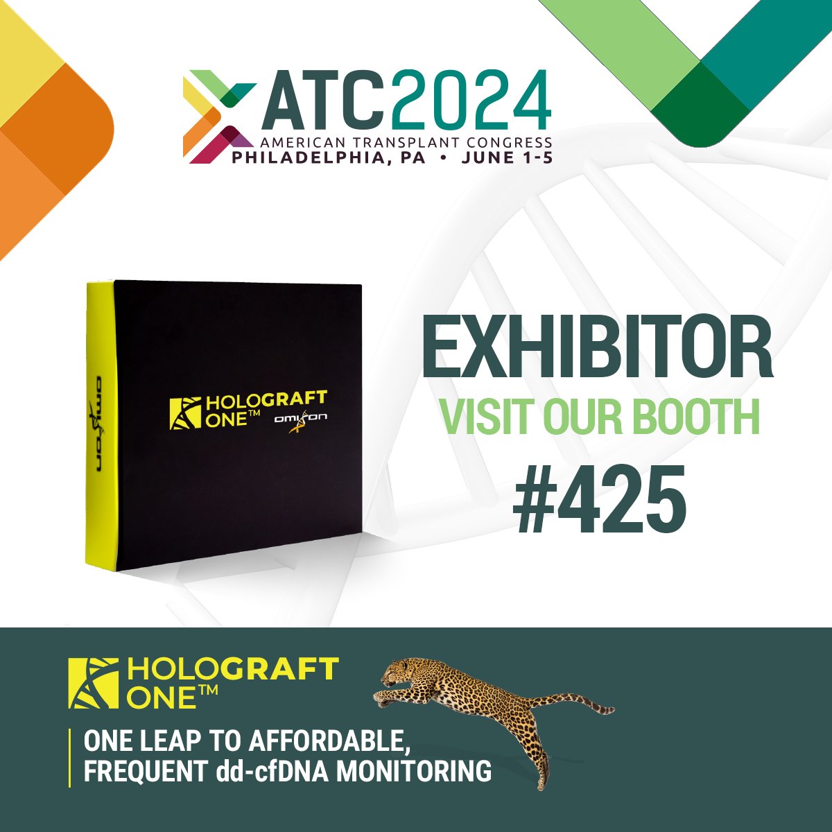 Latest News from #ATC2024Philly !
We are presenting our newest innovation, HoloGRAFT ONE, a unique method of direct absolute quantification of donor-derived cell-free DNA (dd-cfDNA).

#ATC2024 #HOLOGRAFTONE #ddcfDNAMonitoring #TransplantCare