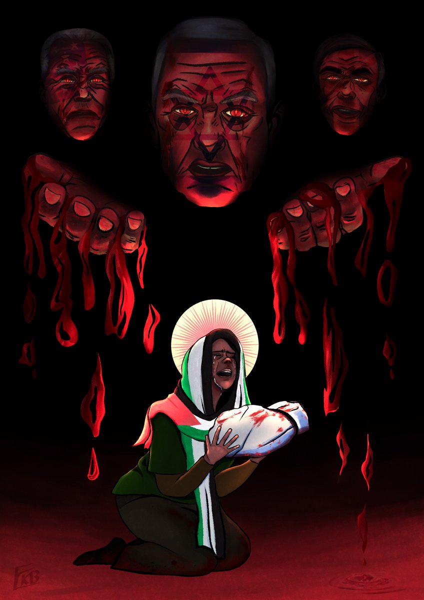 BatleyEmily's tweet photo. I painted this when I couldn’t find the words to express my anger at the West for being complicit in Genocide. Yes, it’s on the nose, but sometimes it needs to be when so many turn a blind eye. | #StoptheGenocideNow  #FREEPALESTİNE #artforpalestine https://t.co/8UJ9LdA5ge