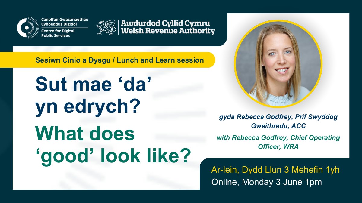 Learn something new over lunch!💡

Sign up for our next Lunch and Learn with Rebecca Godfrey, Chief Operating Officer at the <a href="/WRAtweet/">Welsh Revenue Authority</a>

📝Don't miss out: digitalpublicservices.gov.wales/courses-and-ev…