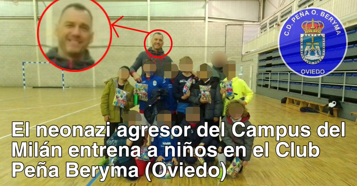 Este neonazi se llama Nacho Moreno y asaltó la acampada de estudiantes en solidaridad con el pueblo de Palestina en Oviedo. Era entrenador de niños de 8 años. Hoy ha sido despedido.