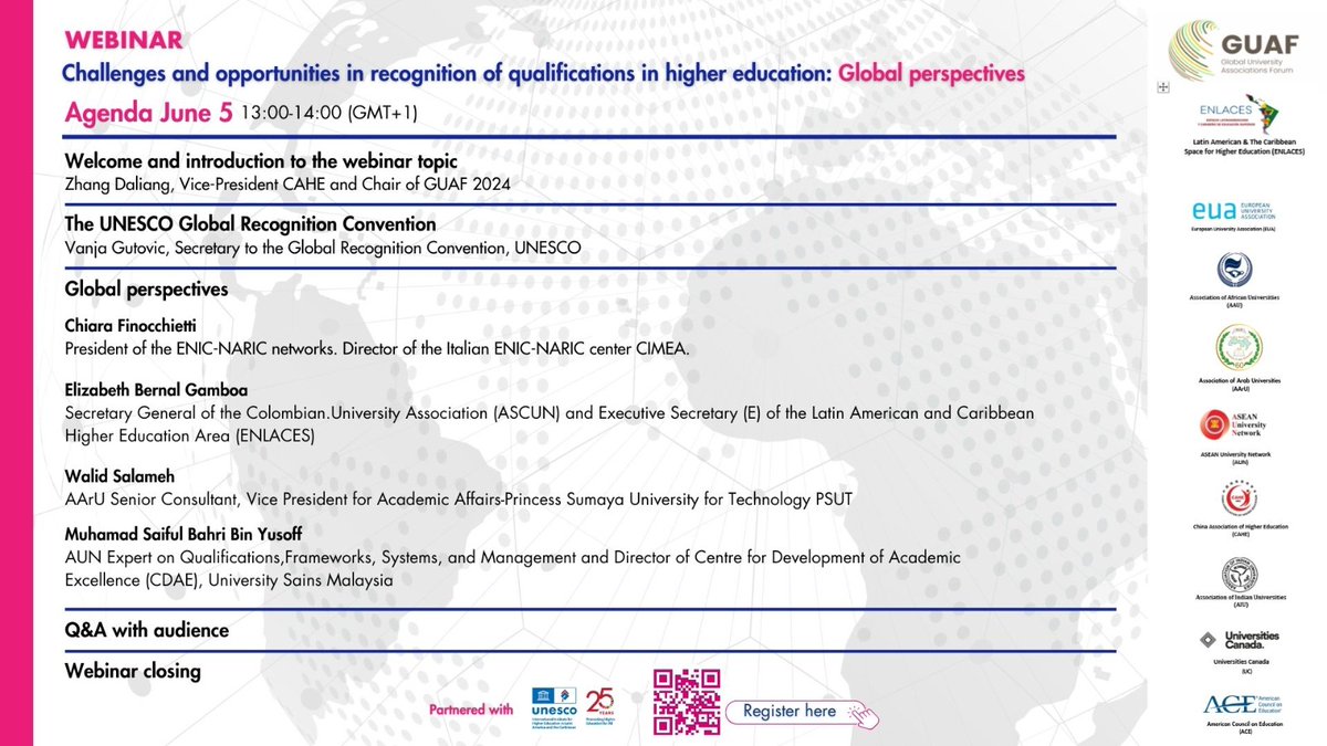 Join us for a webinar organised by the Global University Associations Forum (GUAF), where we will discuss GUAF's joint statement on the Global Recognition Convention, plus challenges and developments across the globe. Registration through the QR code👇or renata.zoom.us/meeting/regist….