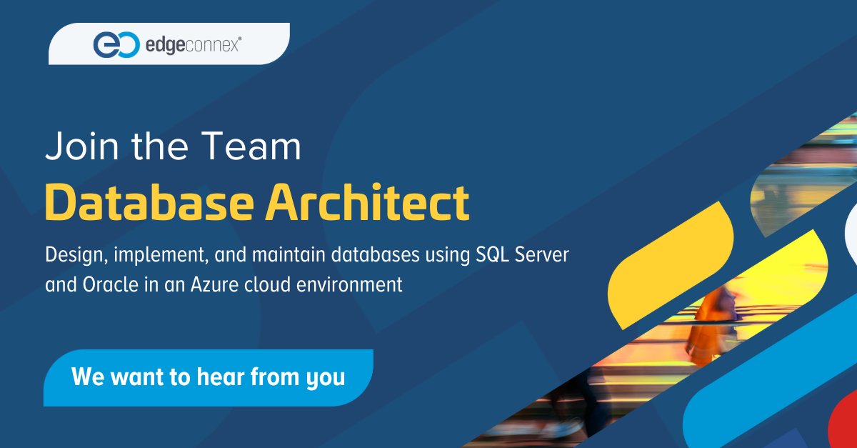 EdgeConneX's tweet image. EdgeConneX is hiring a Database Architect in Herndon, VA! Design, implement, and maintain databases using SQL Server and Oracle in Azure cloud. 8+ years with MS SQL Server, T-SQL, Azure, and .NET/C# experience needed. hubs.la/Q02ySR-Q0  
#Hiring #DatabaseArchitect