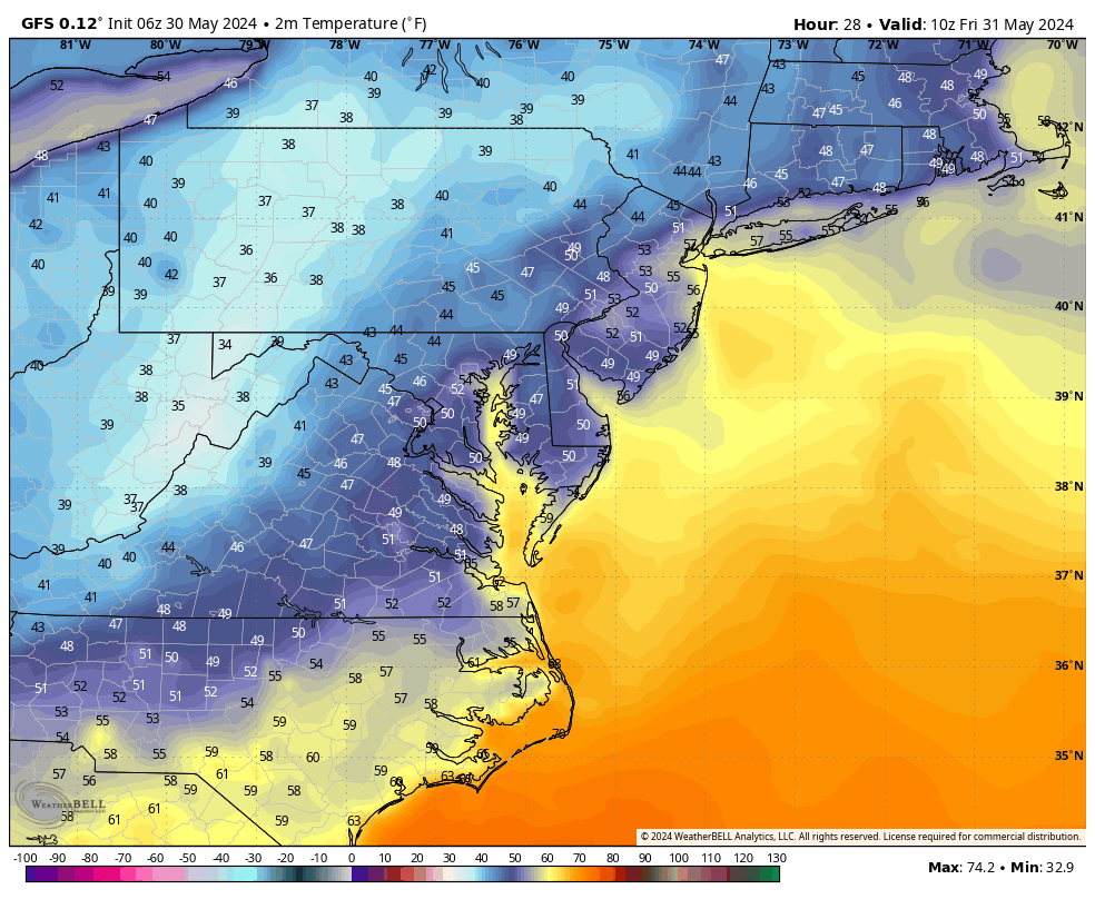 Might not see these kinds of temps again until the Fall! 👇 GFS forecasting 40s North & West of I-95, and 30s in Western MD by Friday Morning! Open the windows, or turn on the heat? 😄 #MdWx
