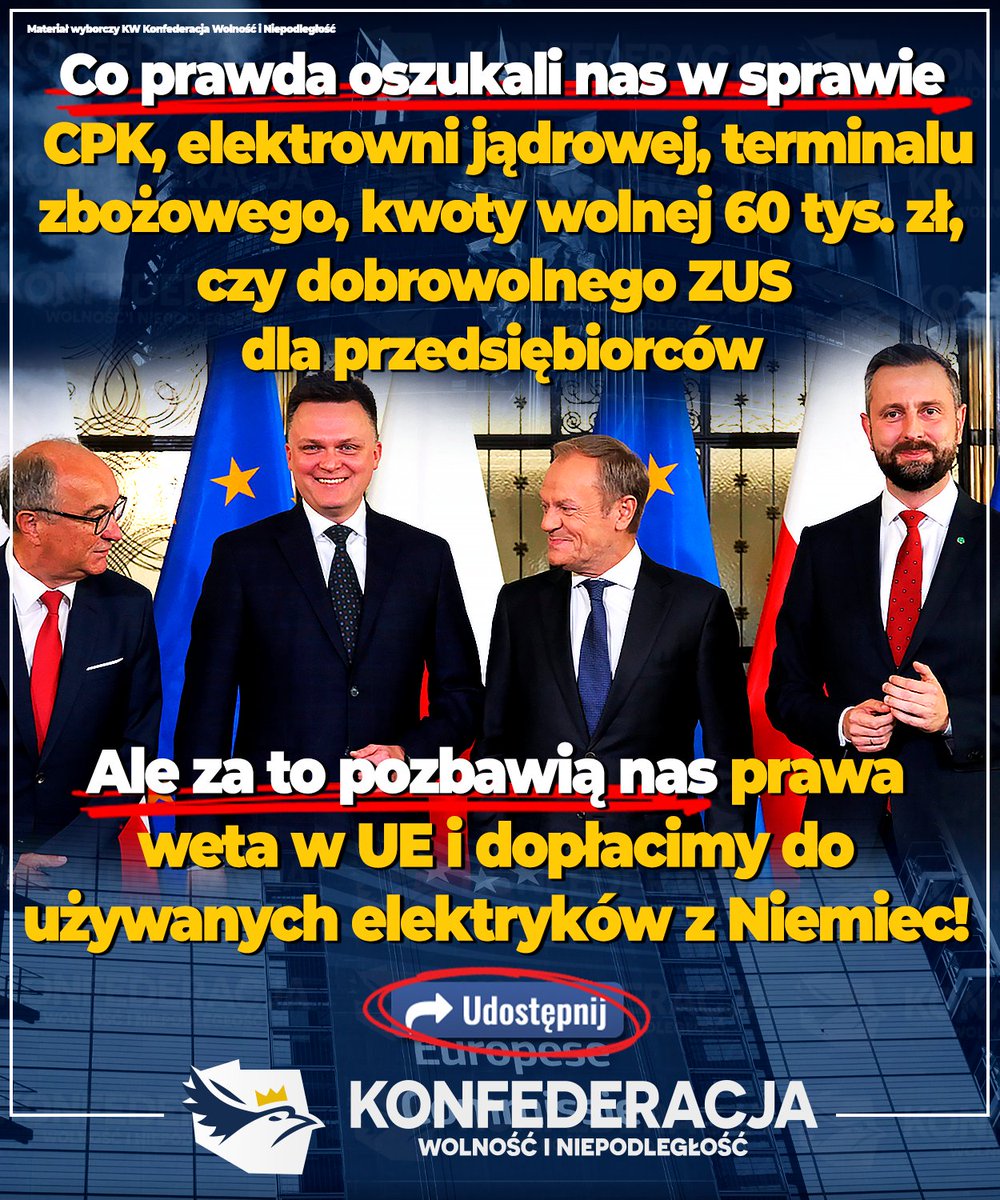 Może nie będzie CPK, elektrowni atomowej, portu kontenerowego w Świnoujściu, terminala zbożowego w Gdańsku, benzyny po 5 zł, podwyższenia kwoty wolnej od podatku i dobrowolnego ZUSu, ale za to utracimy resztki suwerenności na rzecz UE🇪🇺. Witamy w uśmiechniętej Polsce!🤡