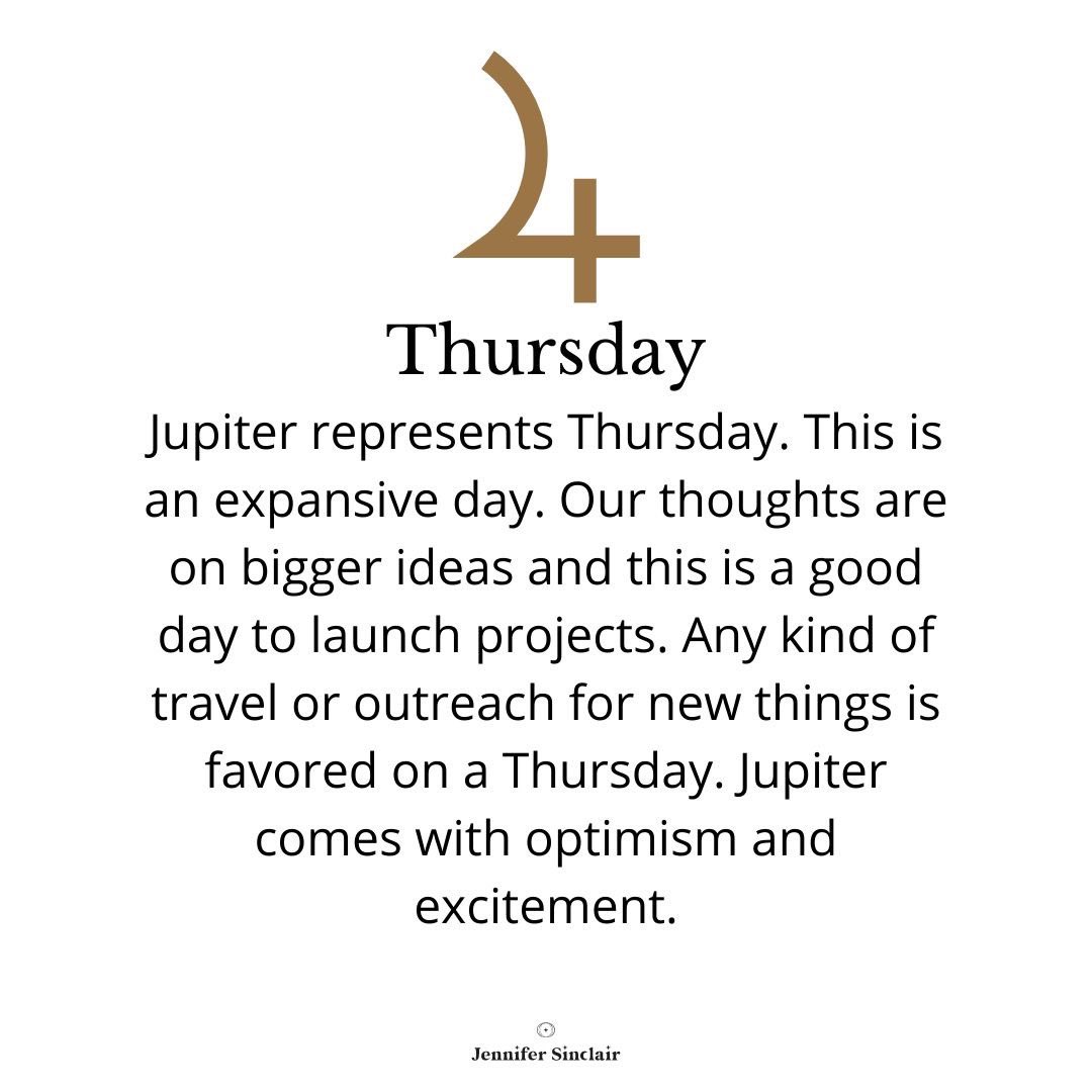 Happy Jupiter Day, Collective!

Let’s talk more about harnessing the expansive and fortunate influence  of Jupiter on Thursdays

Jupiter is the planet of growth and expansion. Use Thursday to set ambitious goals and plan for the future. Think big and aim high.

Jupiter rules