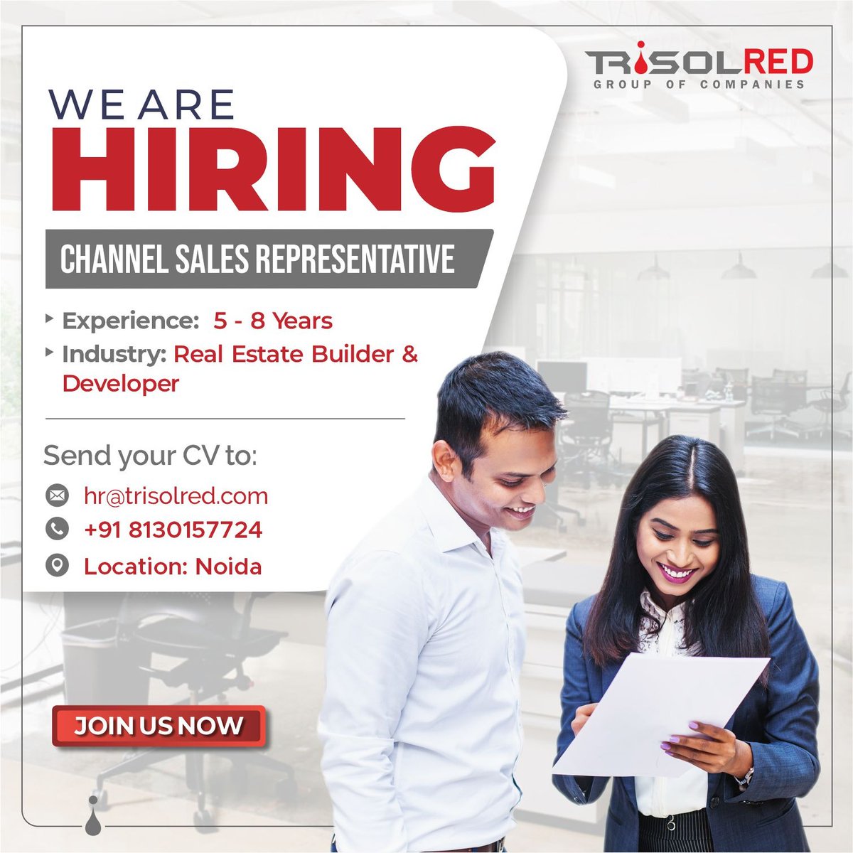 We are hiring! 🌟 
Looking for a talented Channel Sales Representative with 5-8 years of experience. Join our dynamic team! 

Send your CV to hr@trisolred.com or contact us at 8130157724. 📧📞

#TrisolRED #Trisol #JobOpportunity #HiringNow #SalesRepresentative #JoinOurTeam