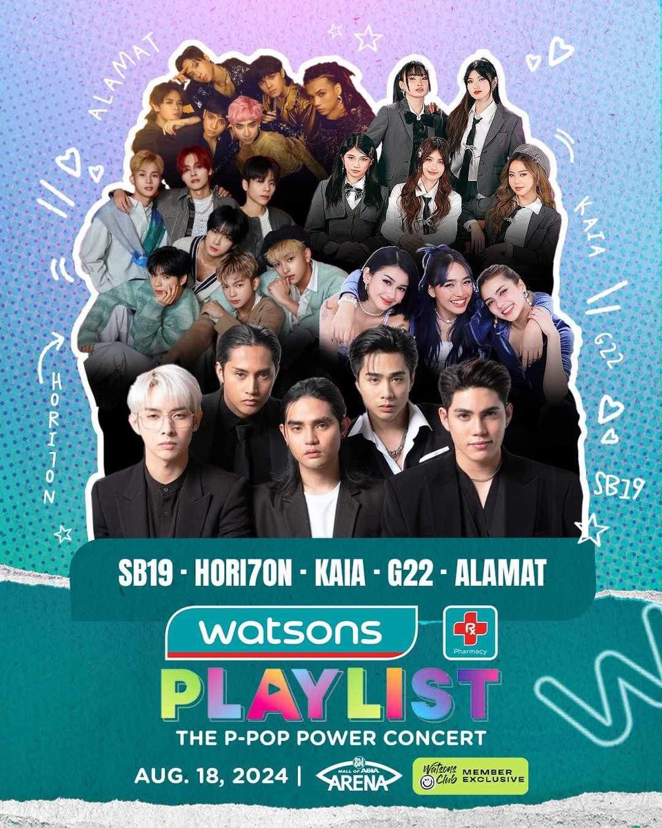 Watsons Playlist presents 'The P-Pop Power Concert' featuring SB19, HORI7ON, KAIA, G22, and ALAMAT! Catch them on August 18, 2024 at the SM Mall of Asia Arena. Stay tuned on how to get free tickets and for more details! #WatsonsPlaylistAtMOAArena 📷 WatsonsPH