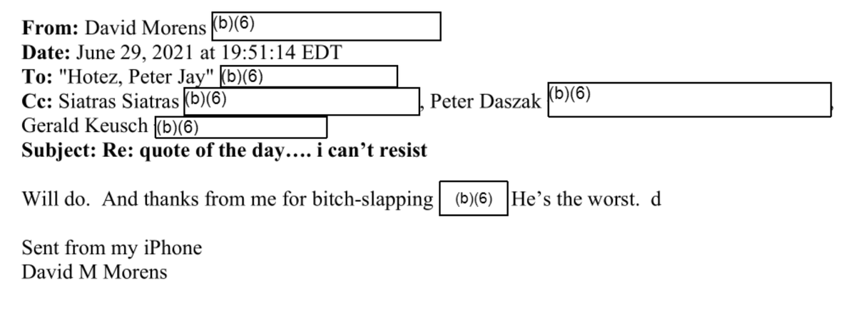 Peter Hotez knew about efforts in Fauci’s office to conceal emails and obstruct a congressional investigation. Hotez claimed the evidence was doctored. But a new email shows Fauci aide David Morens thanked Hotez for “bitch-slapping” critics on Twitter. usrtk.org/wp-content/upl…