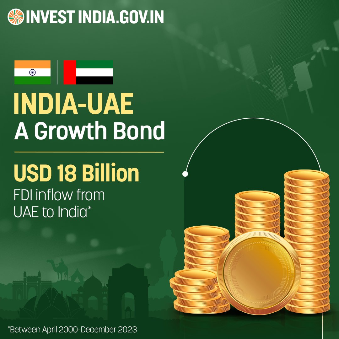 With bilateral trade between #IndiaandUAE reaching ~ USD 84 Billion in FY 2023–24, both nations are well poised for exponential growth and rewarding partnerships across sectors. 🇮🇳🤝🇦🇪 Know more: bit.ly/II-UAE #IndiaUAERelations #IndiaAndTheWorld #InvestInIndia