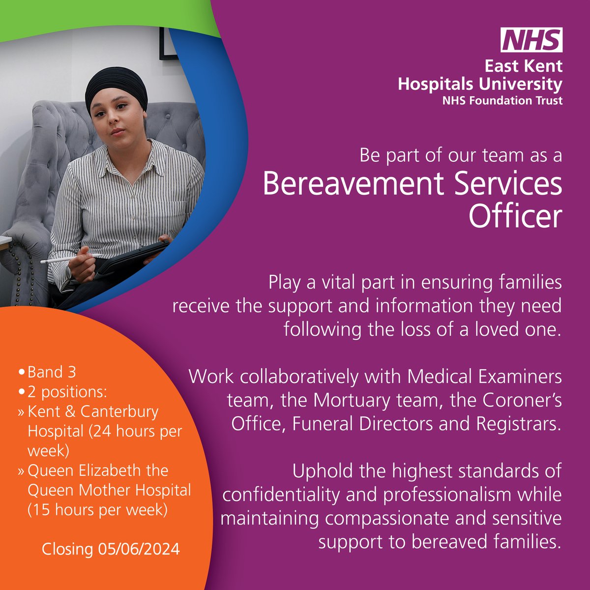 💙 We are looking for two Bereavement Services Officers to join us at two of our hospitals.

KCH
orlo.uk/BSO_KCH_UJA6z

QEQMH
orlo.uk/BSO_QEQM_sHuk7

#EKHUFT #NHSJobs #NHScareers #WeAreTheNhs #HealthcareCareers #KentJobs #JobOpportunity #HealthcareHeroes #JoinOurTeam