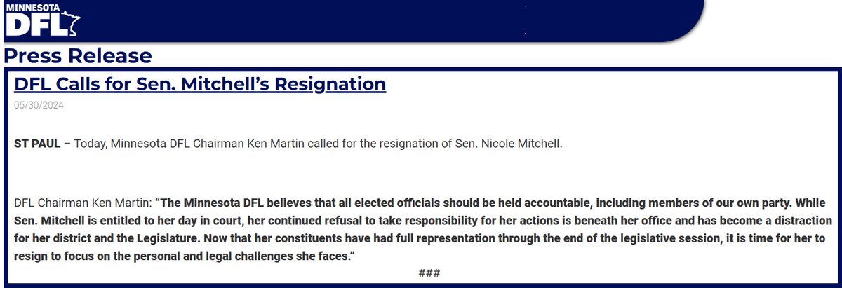 What Democrats mean to say is: 'Now that we've disregarded ethics, truth, and doing what's right just long enough to hold onto power by our fingertips using Mitchell's vote to pass our anti-Minnesota agenda, we safely release this empty call for Mitchell to resign.'